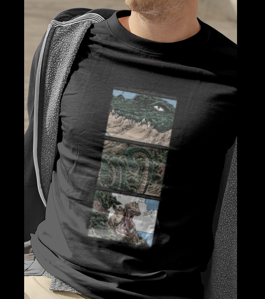 The Longest Johns Store Ends Of The Earth UK Tour Black Crocodile And Dinosaur Comic Strip T-Shirt