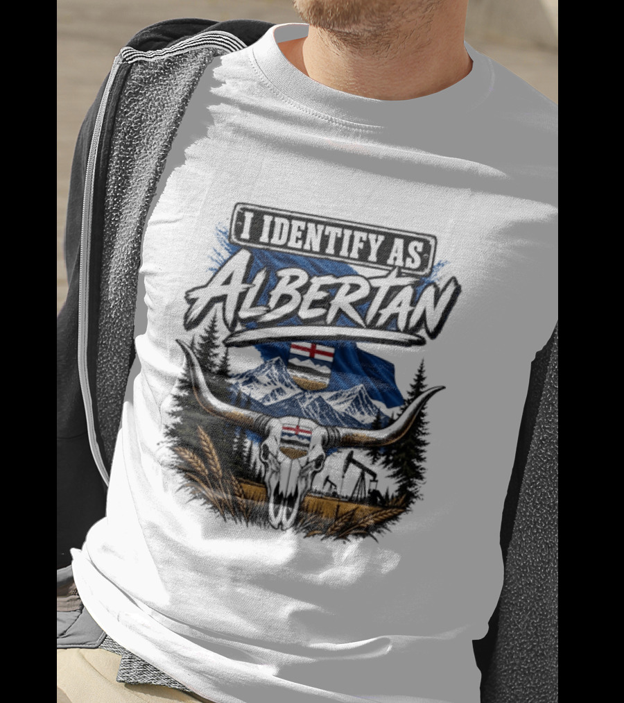 I Identify As Albertan Alberta Flag Longhorn Skull Wheat Forest Scene T-Shirt