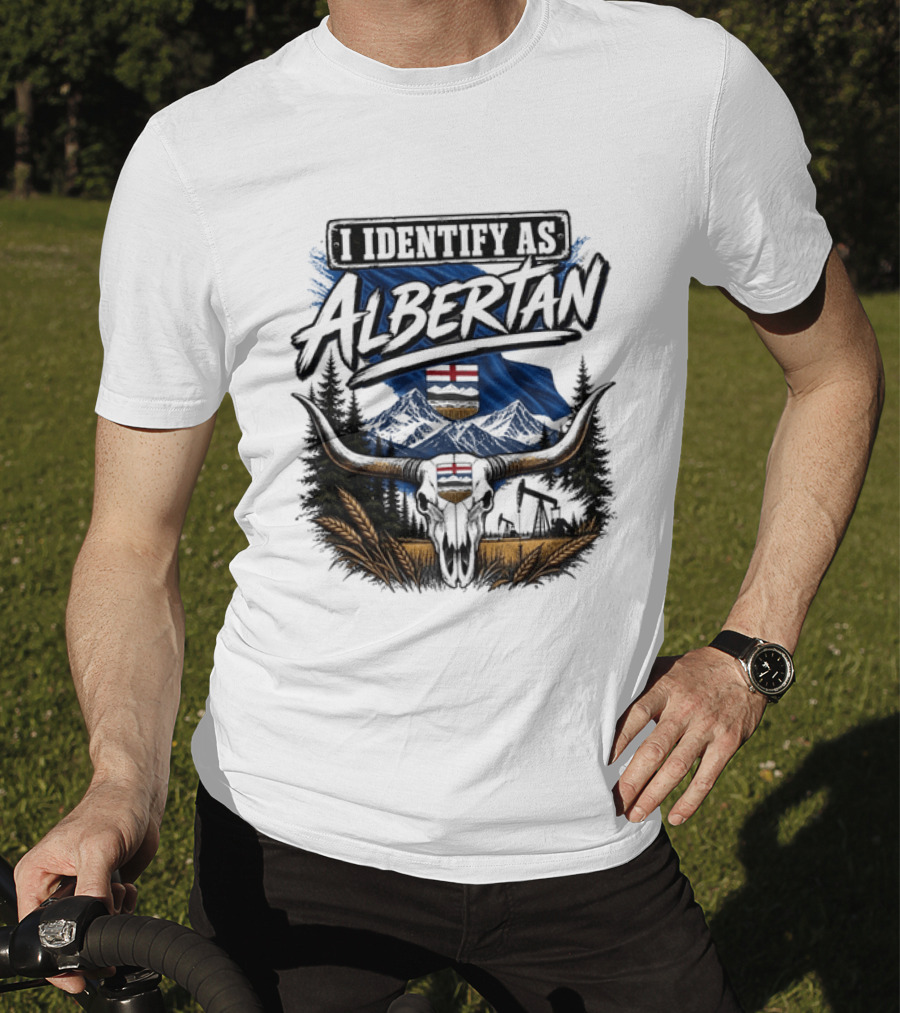 I Identify As Albertan Alberta Flag Longhorn Skull Wheat Forest Scene T-Shirt