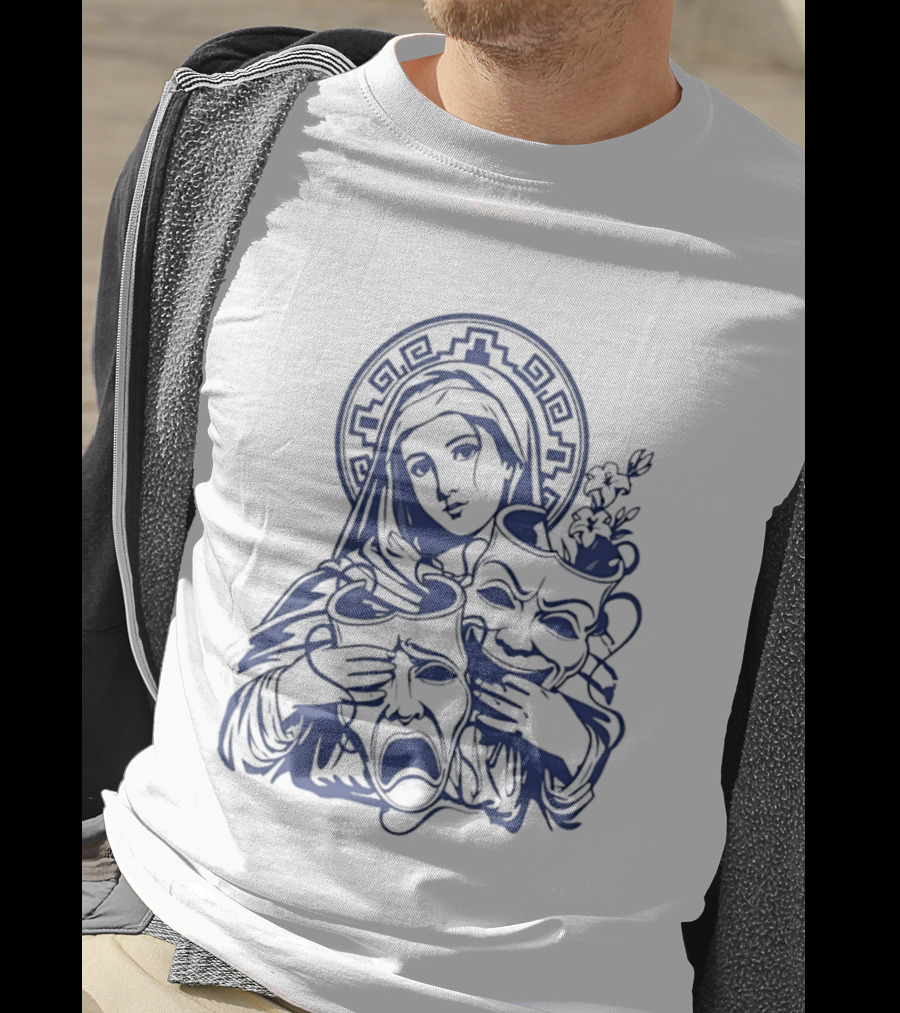 Virgin Mary Pray For Us Cry Now Laugh Later Drama Mask Tattoo T-Shirt