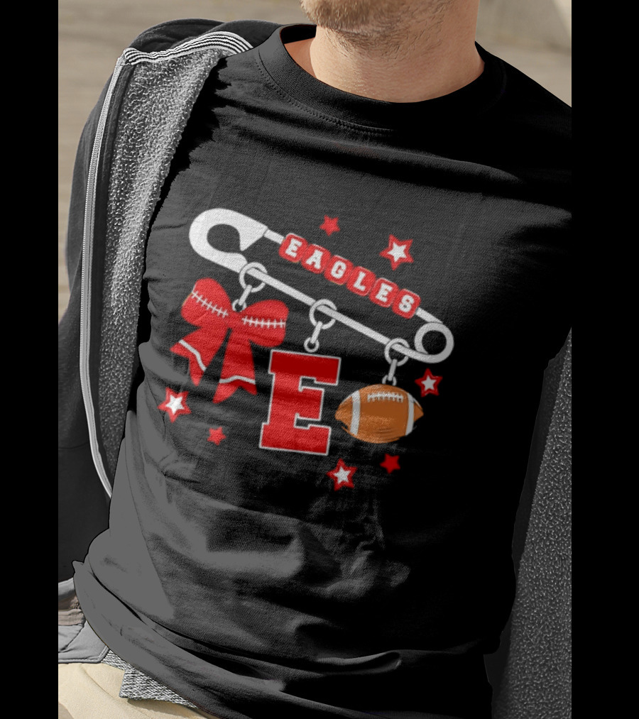 Eagles Safety Pin Charm Football Bow Letter E Stars T-Shirt