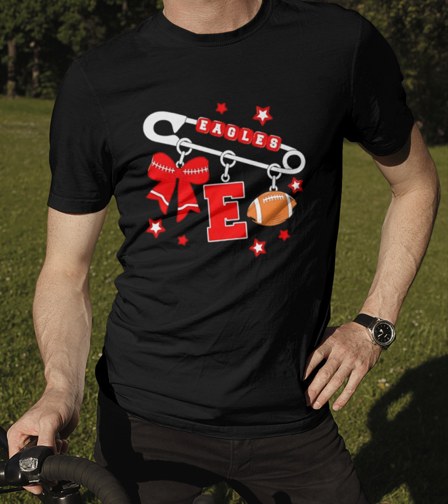 Eagles Safety Pin Charm Football Bow Letter E Stars T-Shirt