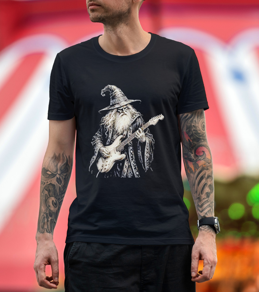 Wizard Playing Electric Guitar Fantasy Musician Magical Rock Legend T-Shirt