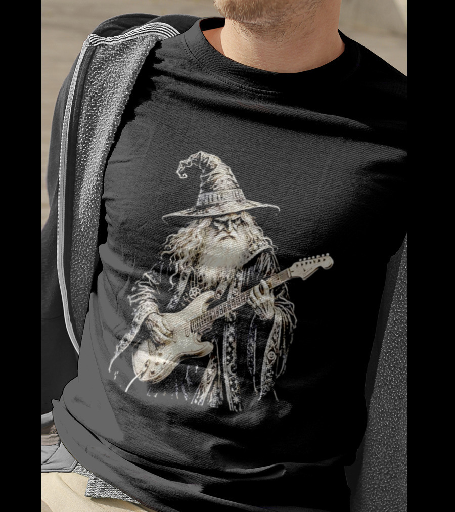 Wizard Playing Electric Guitar Fantasy Musician Magical Rock Legend T-Shirt