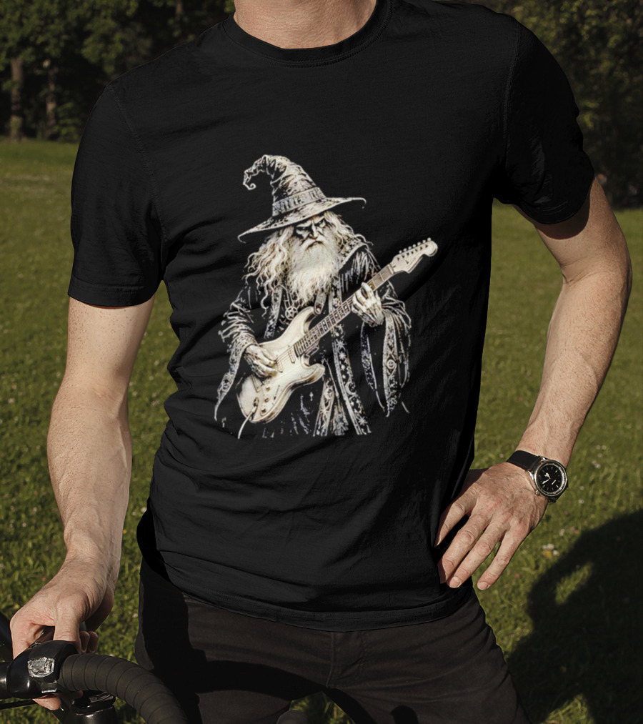 Wizard Playing Electric Guitar Fantasy Musician Magical Rock Legend T-Shirt
