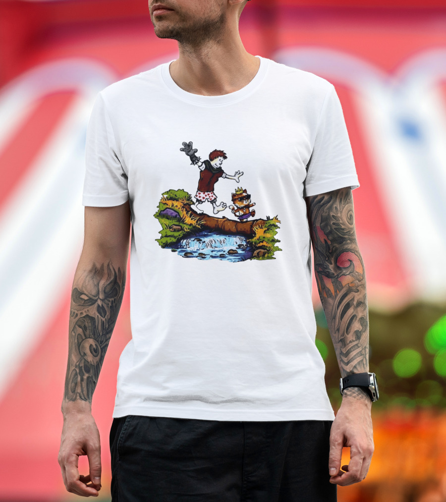 Boy And Crowned Cat Balancing On Log Over Stream T-Shirt