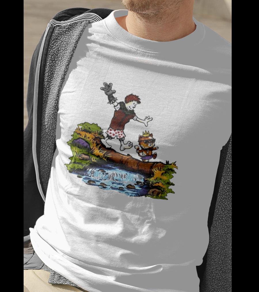 Boy And Crowned Cat Balancing On Log Over Stream T-Shirt