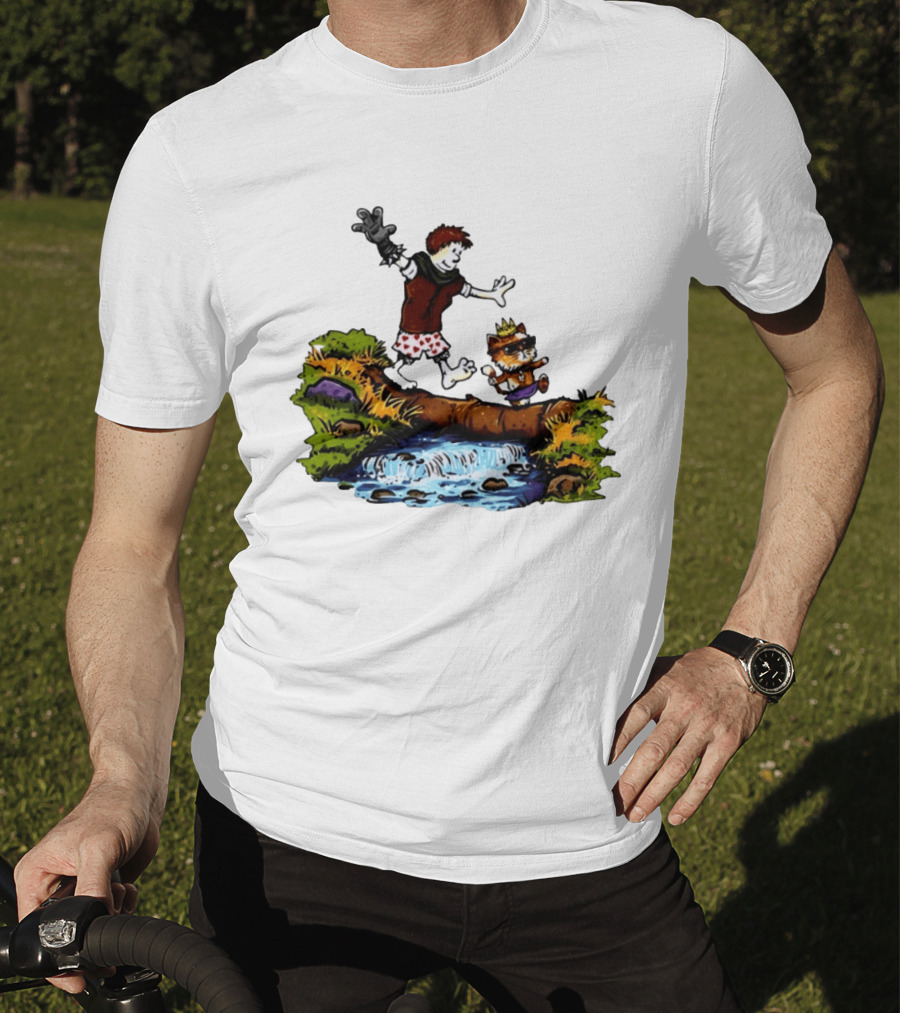 Boy And Crowned Cat Balancing On Log Over Stream T-Shirt