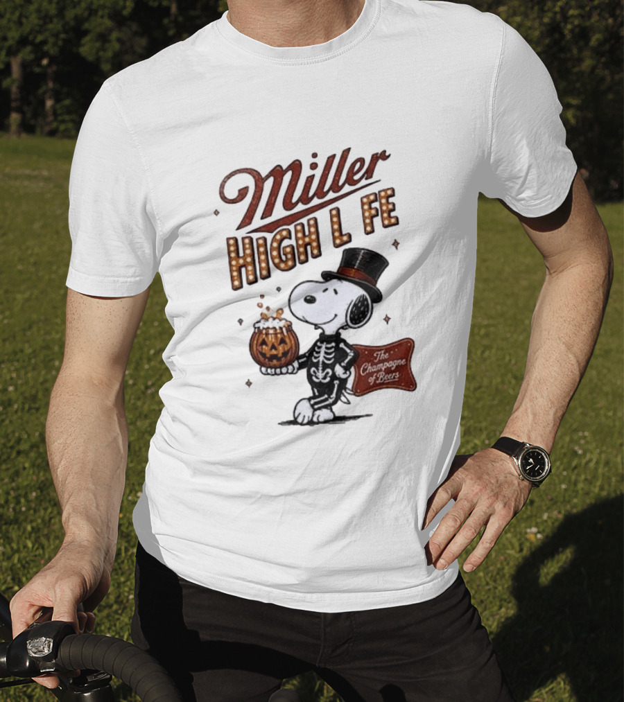 Miller High Life Snoopy Skeleton Halloween The Champagne Of Beers T-Shirt