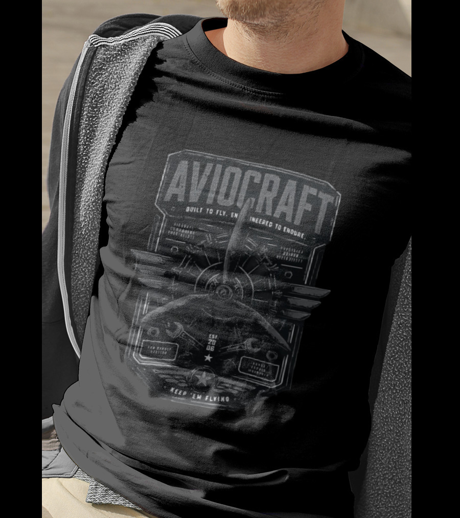 Aviocraft Built To Fly Engineered To Endure Est 20 06 Keep Em Flying Aircraft Aviation Enthusiasts Pilot Mechanic Vintage Motor Propeller Parts T-Shirt