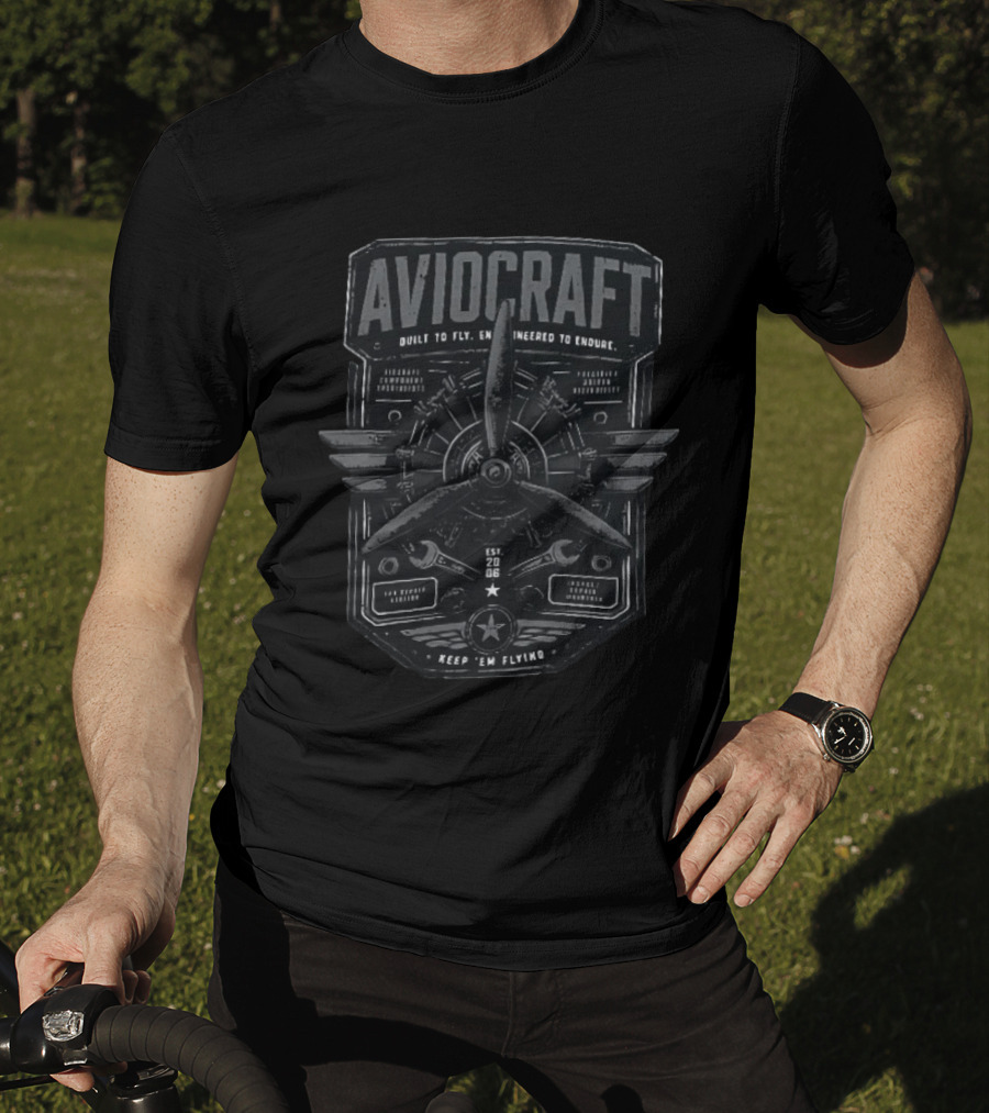 Aviocraft Built To Fly Engineered To Endure Est 20 06 Keep Em Flying Aircraft Aviation Enthusiasts Pilot Mechanic Vintage Motor Propeller Parts T-Shirt