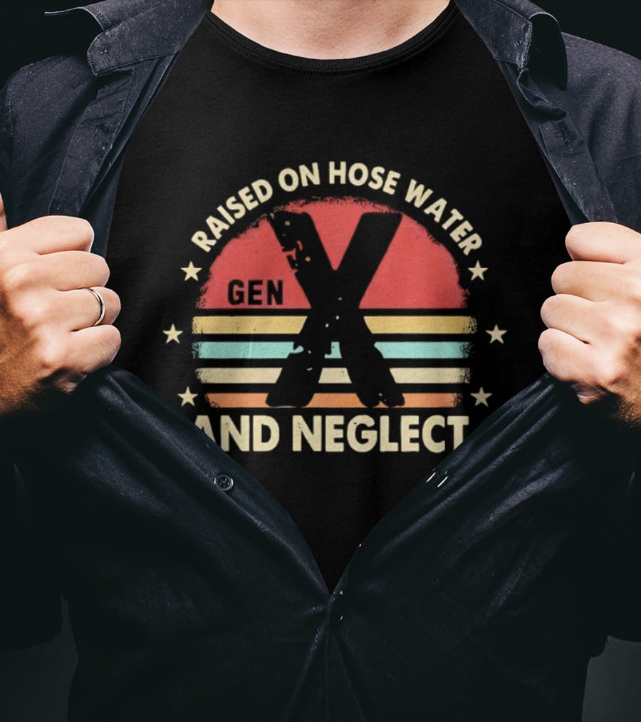 Gen X Raised On Hose Water And Neglect Vintage 70s Style Retro Stripes T-Shirt