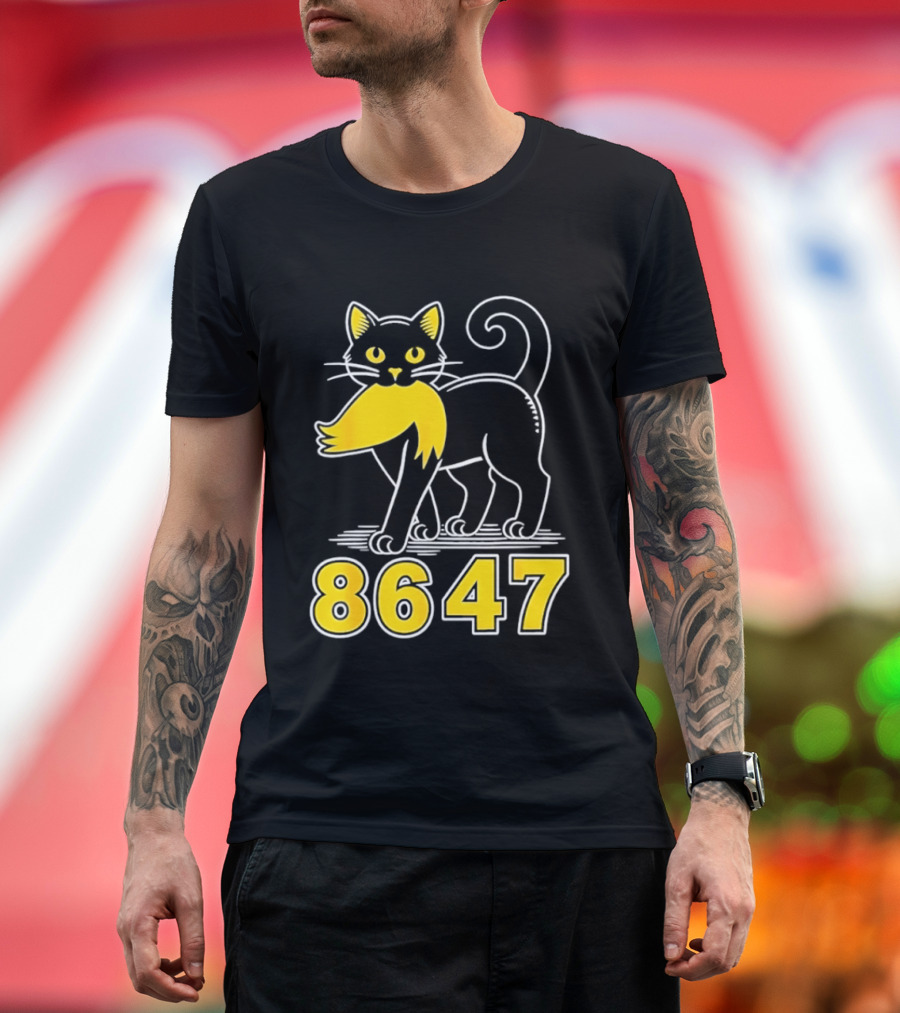 Black Cat 8647 Feline With Yellow Mustache T-Shirt