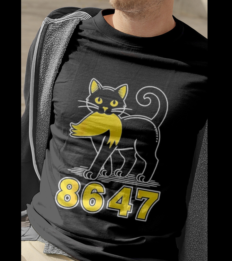 Black Cat 8647 Feline With Yellow Mustache T-Shirt