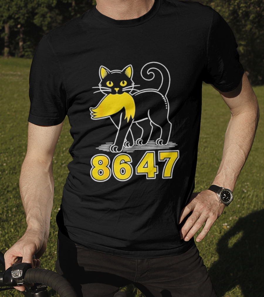 Black Cat 8647 Feline With Yellow Mustache T-Shirt