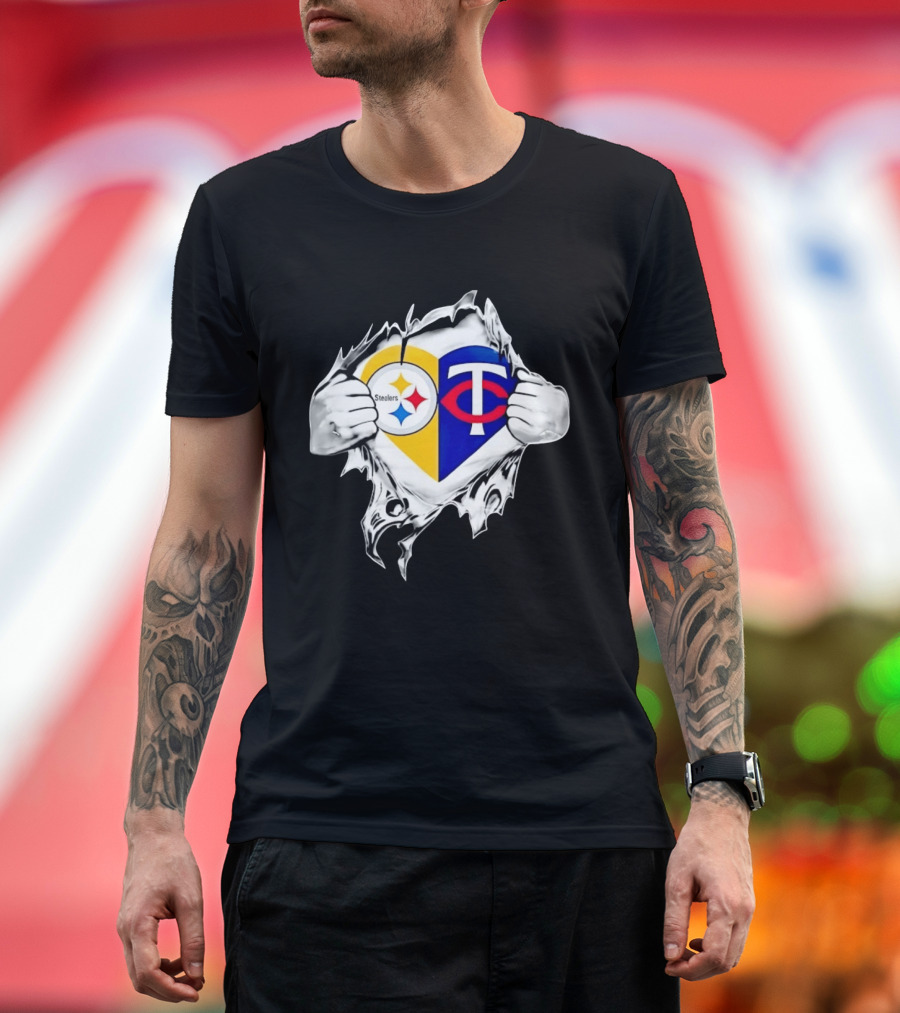 Pittsburgh Steelers Minnesota Twins Heart Superman Chest Rip T-Shirt