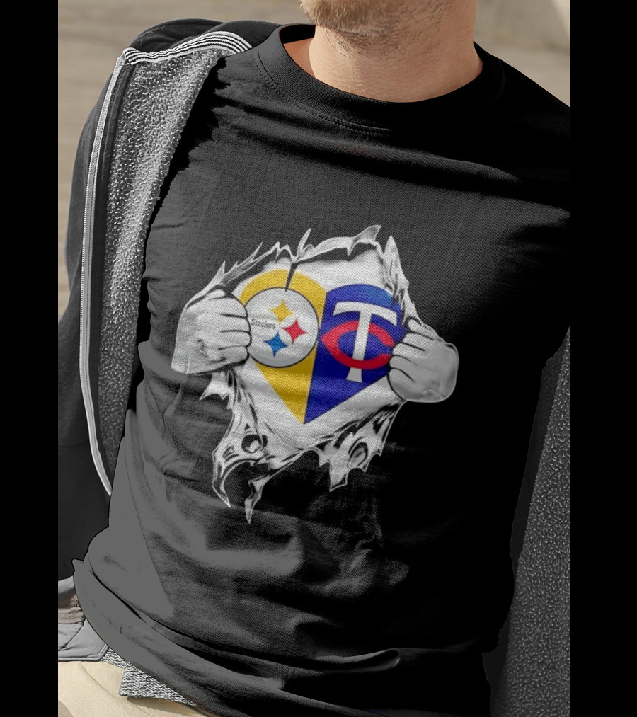 Pittsburgh Steelers Minnesota Twins Heart Superman Chest Rip T-Shirt
