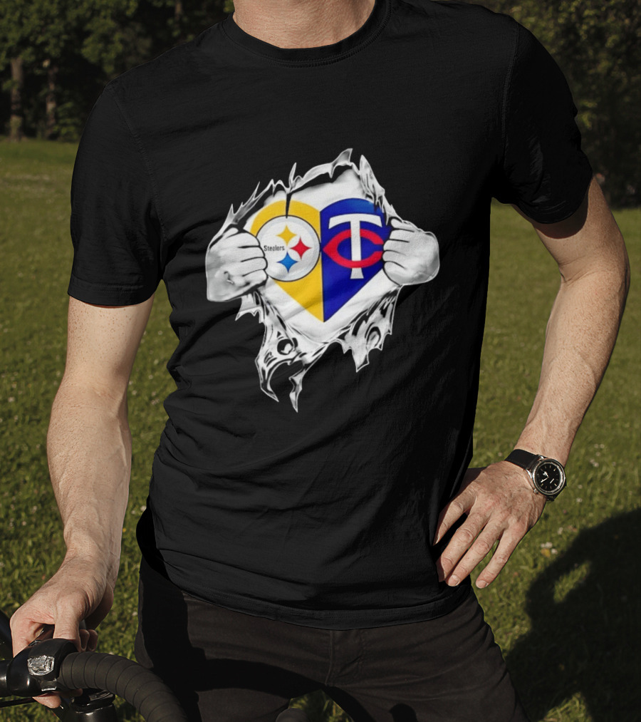 Pittsburgh Steelers Minnesota Twins Heart Superman Chest Rip T-Shirt