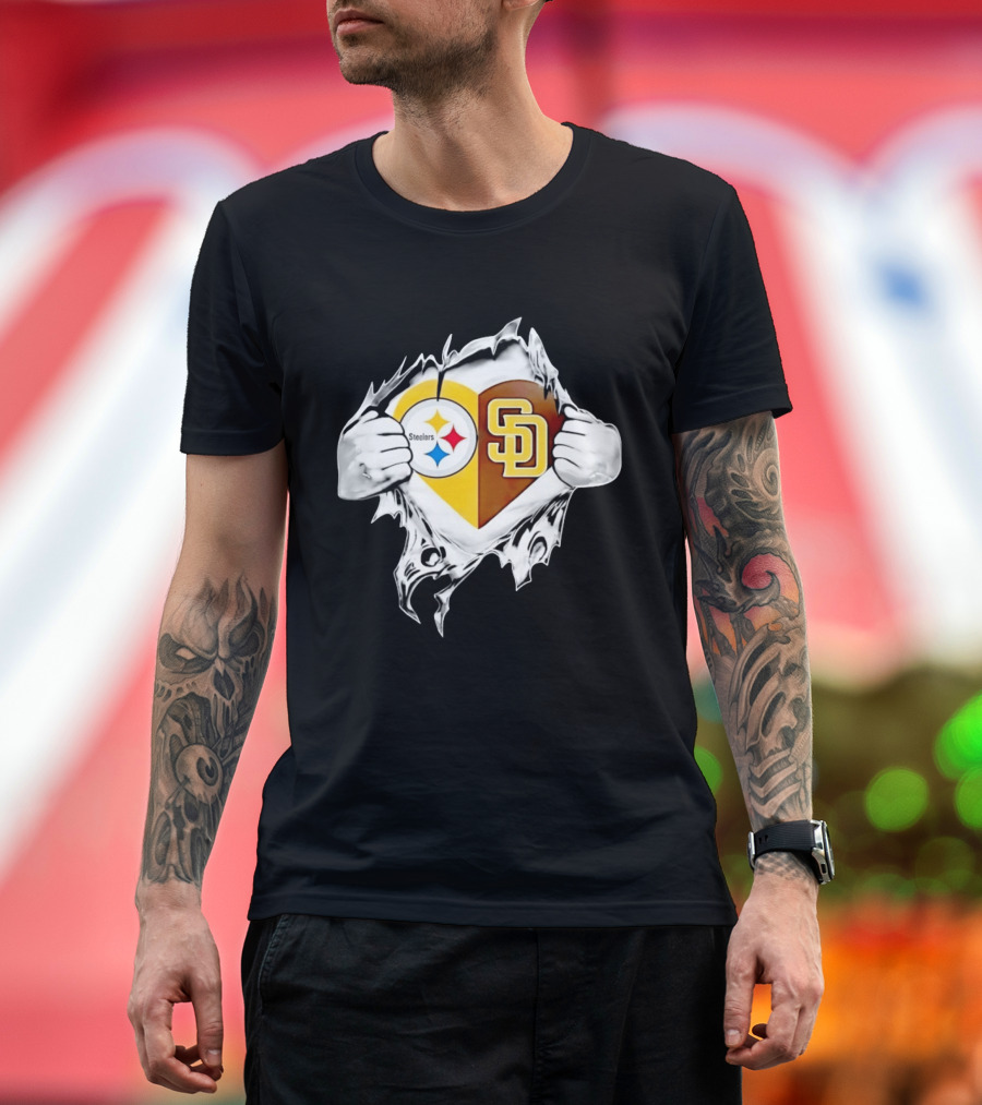 Pittsburgh Steelers San Diego Padres Heart Superman Chest Rip T-Shirt