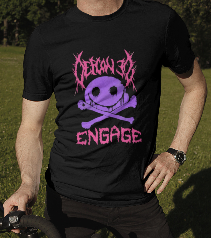 Defcon 30 Engage Purple Metal Skull Smiley T-Shirt