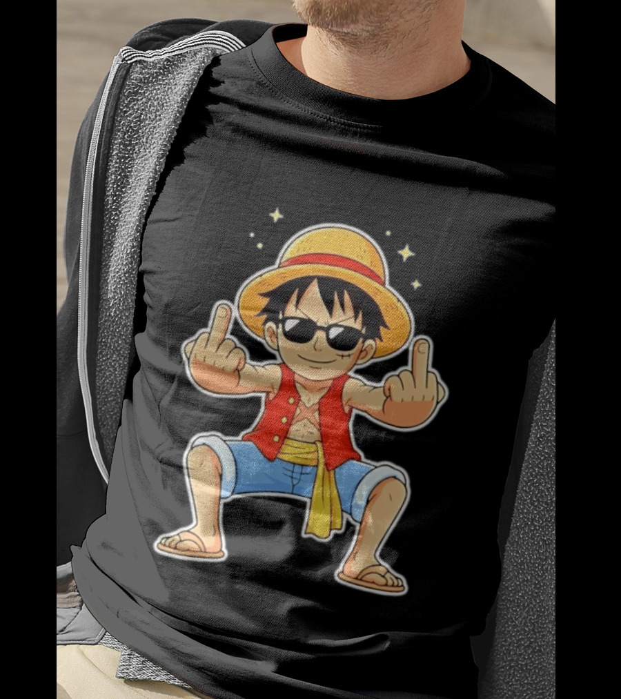 Monkey D Luffy Sunglasses Middle Finger Gesture Anime T-Shirt