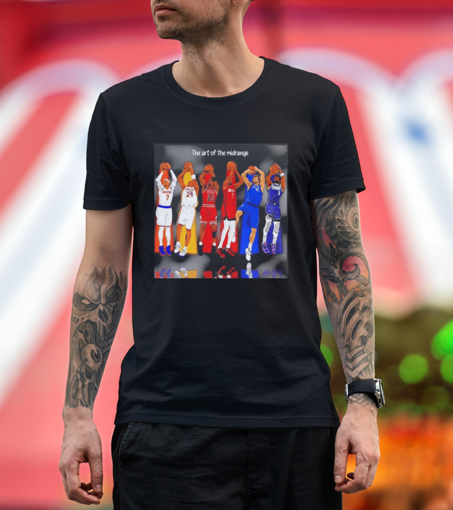The Art Of The Midrange Basketball Legends Collage Knicks Lakers Bulls Rockets Mavericks T-Shirt