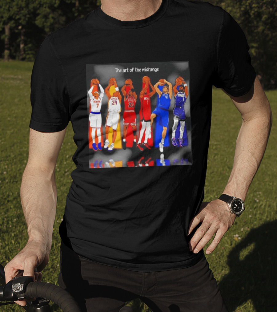 The Art Of The Midrange Basketball Legends Collage Knicks Lakers Bulls Rockets Mavericks T-Shirt