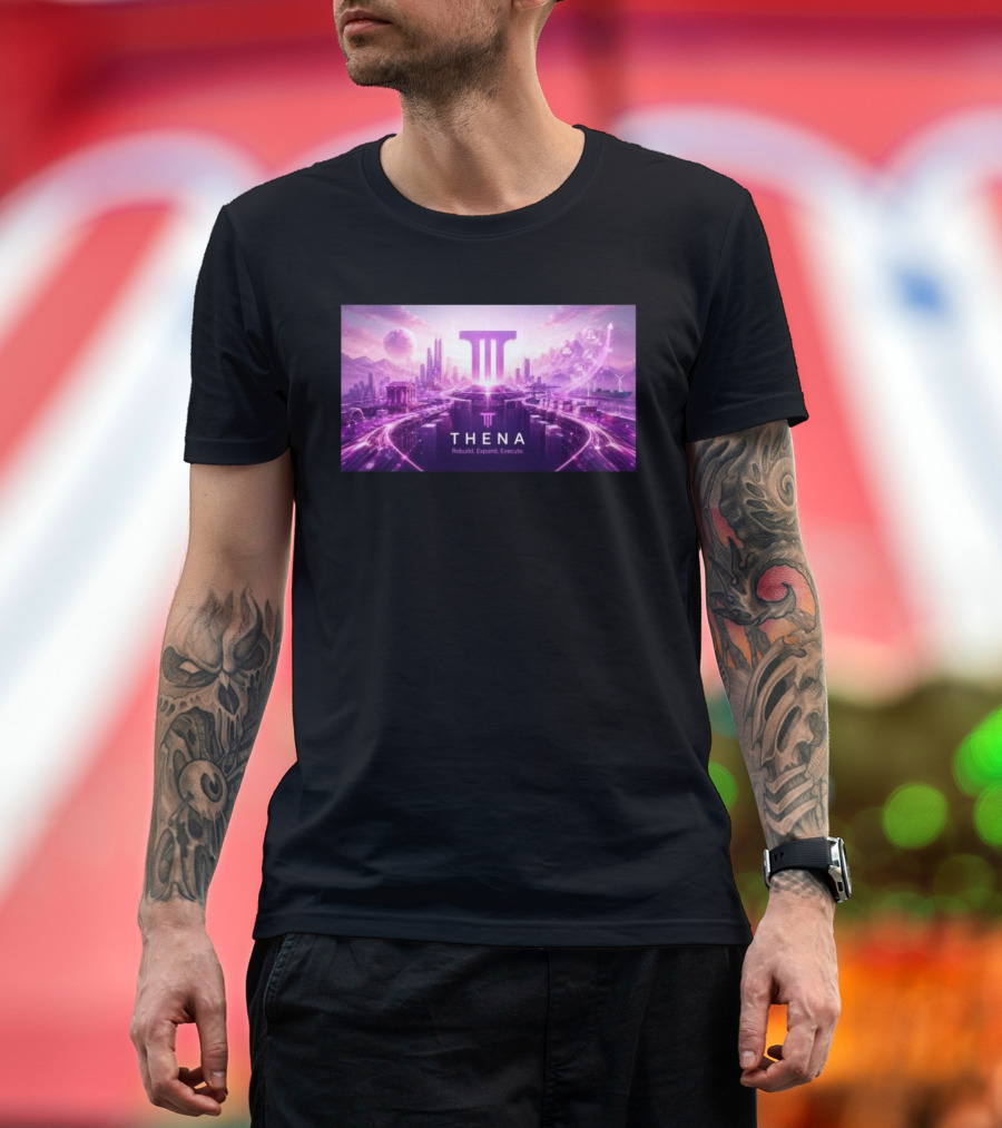 Thena Rebuild Expand Execute Futuristic Cityscape With Purple Skyline And Skyscrapers T-Shirt