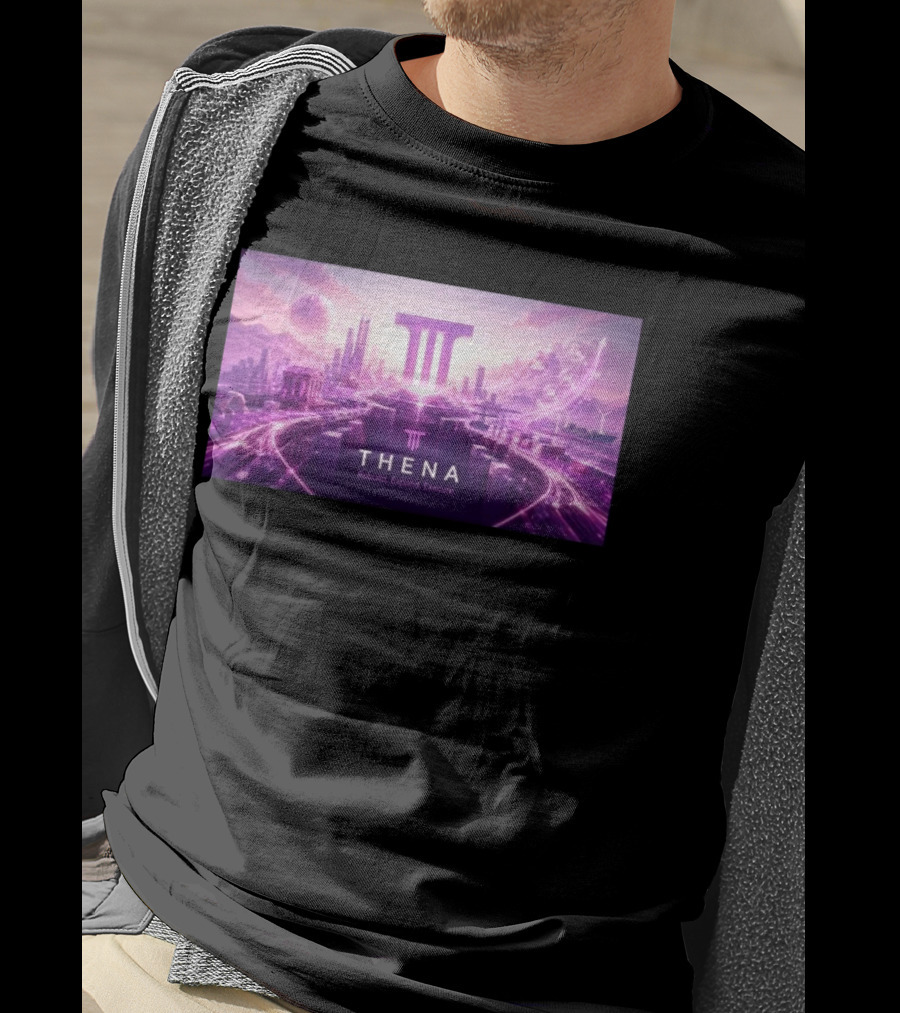 Thena Rebuild Expand Execute Futuristic Cityscape With Purple Skyline And Skyscrapers T-Shirt