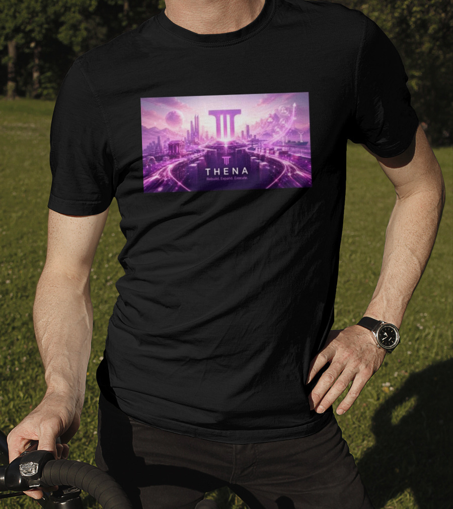Thena Rebuild Expand Execute Futuristic Cityscape With Purple Skyline And Skyscrapers T-Shirt