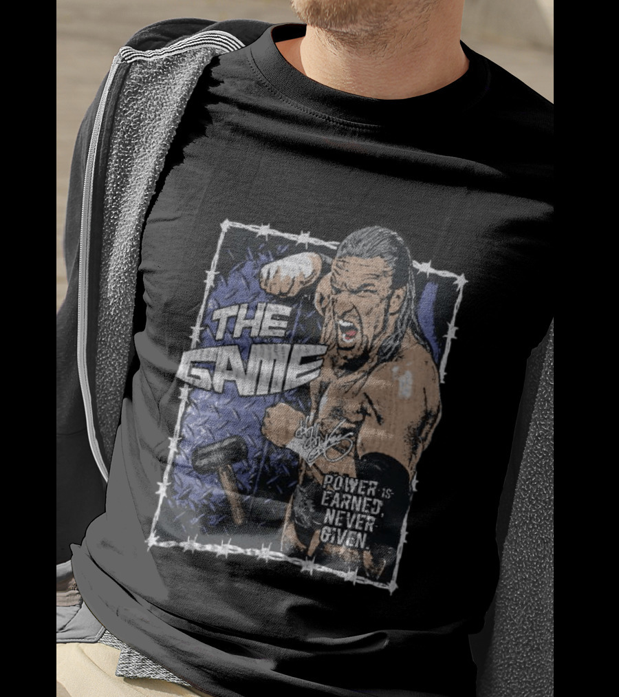 Triple H The Game WWE Power Is Earned Never Given Barbed Wire Signature Sledgehammer T-Shirt