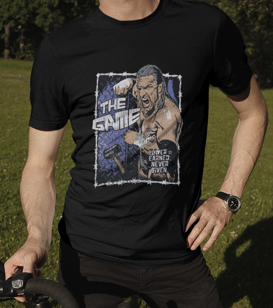Triple H The Game WWE Power Is Earned Never Given Barbed Wire Signature Sledgehammer T-Shirt