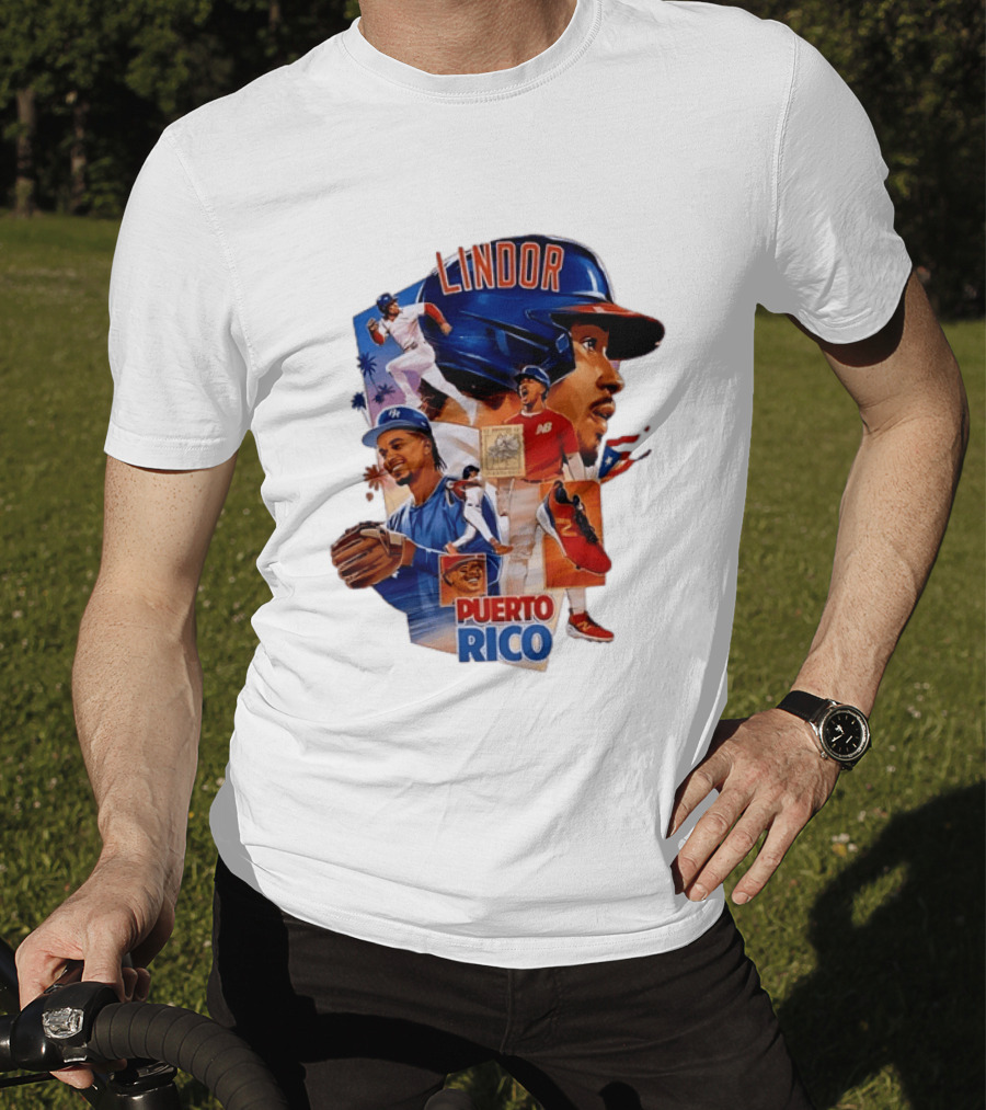 Francisco Lindor Puerto Rico New York Mets Baseball Legend Blue And Orange Helmet Dynamic Action Moves T-Shirt