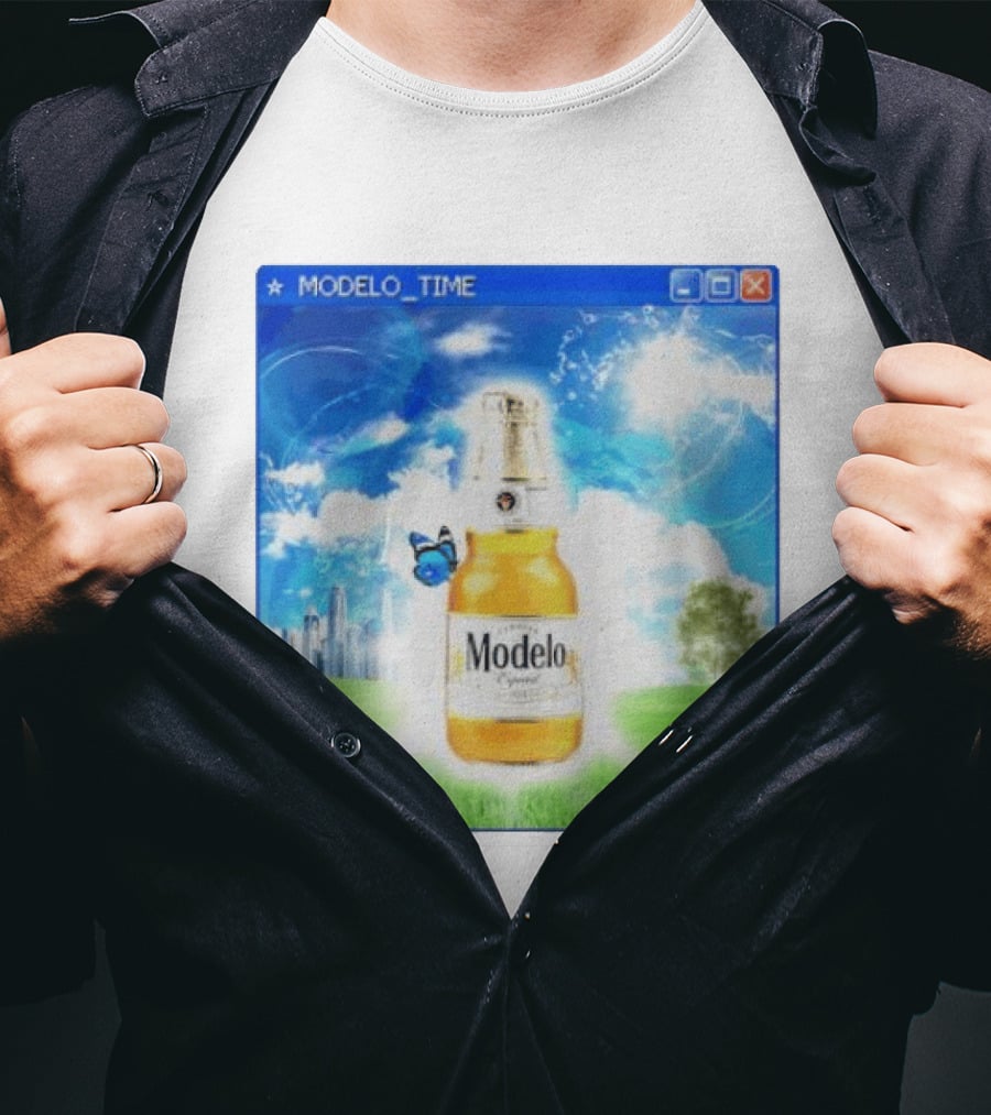 Modelo Time Frutiger Aero Aesthetic Butterfly Bottle Clouds Cityscape T-Shirt