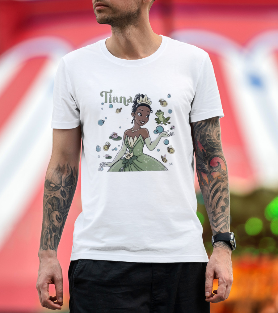 Tiana Disney Princess With Frog Fireflies And Water Lilies T-Shirt