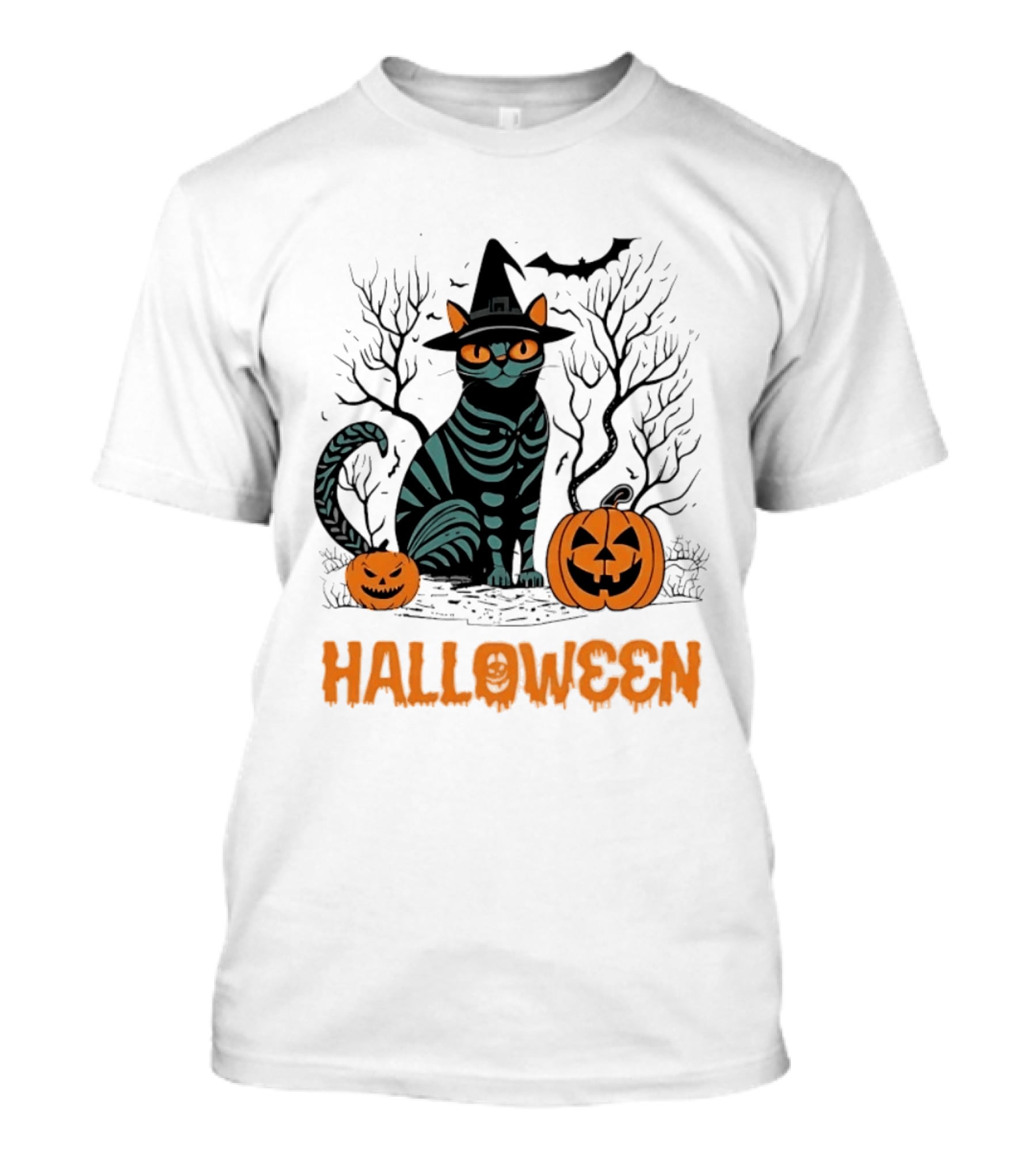 Halloween Skeleton Cat Witch Hat Pumpkins Spooky Forest Scene T-Shirt