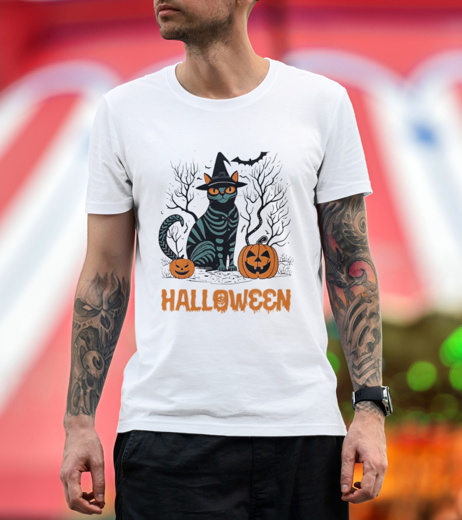 Halloween Skeleton Cat Witch Hat Pumpkins Spooky Forest Scene T-Shirt