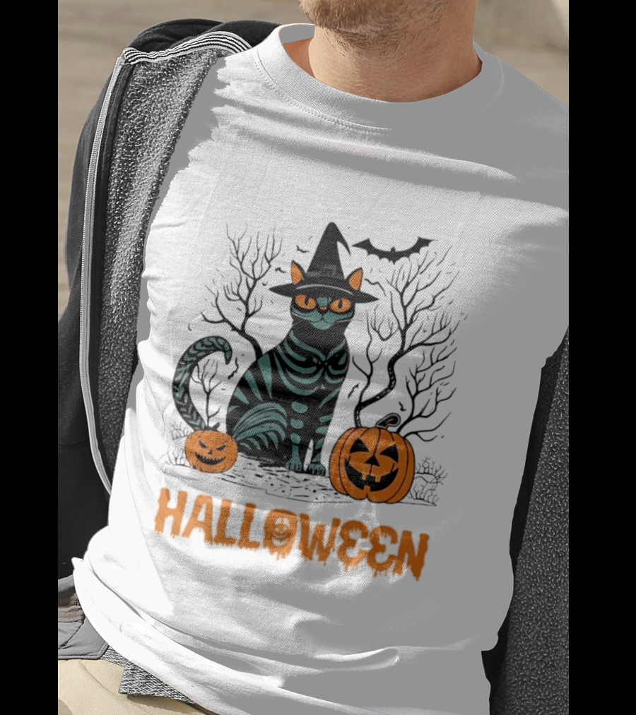 Halloween Skeleton Cat Witch Hat Pumpkins Spooky Forest Scene T-Shirt
