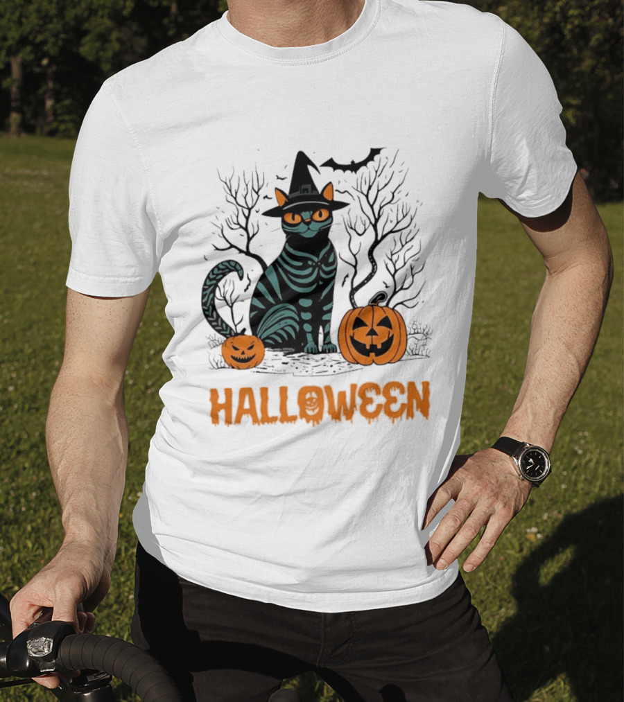 Halloween Skeleton Cat Witch Hat Pumpkins Spooky Forest Scene T-Shirt