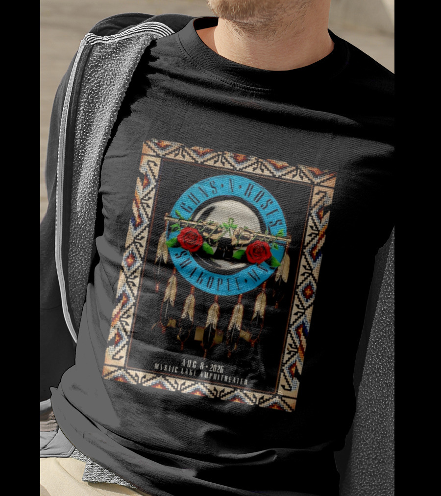 Guns N' Roses Shakopee MN August 8 2026 Mystic Lake Amphitheater Beaded Border Feathers Roses T-Shirt