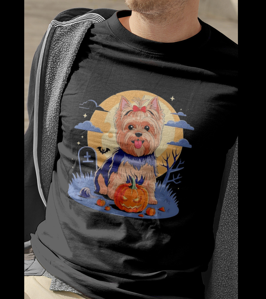 Yorkshire Terrier With Pumpkin On Spooky Halloween Night T-Shirt