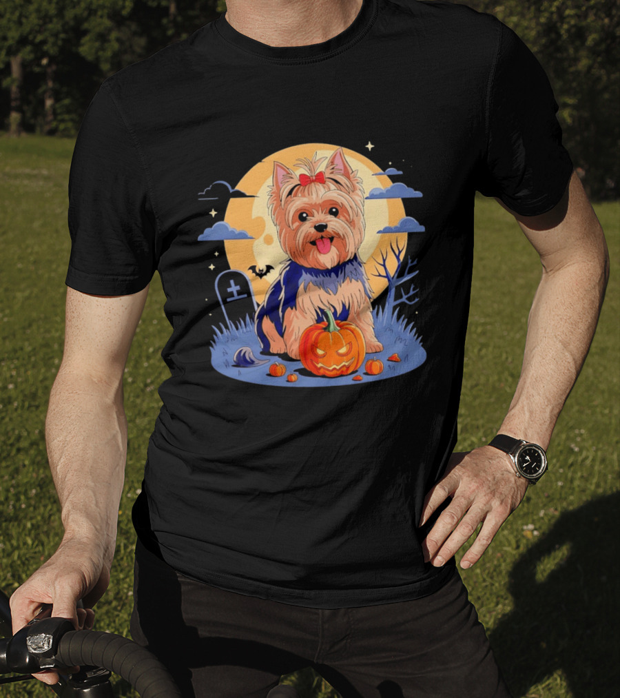 Yorkshire Terrier With Pumpkin On Spooky Halloween Night T-Shirt