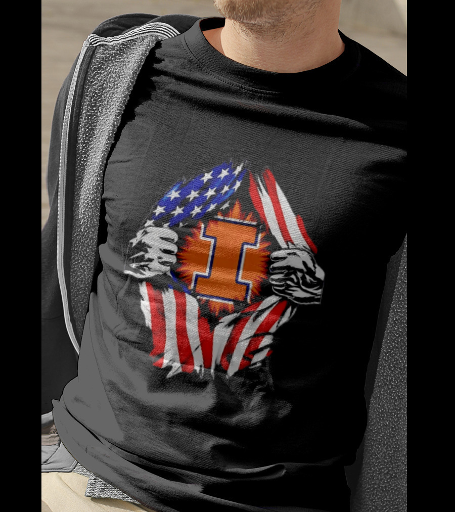 Illinois Fighting Illini I Letter American Flag Patriotic Rip T-Shirt