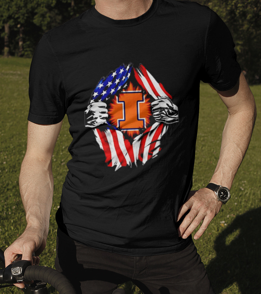 Illinois Fighting Illini I Letter American Flag Patriotic Rip T-Shirt