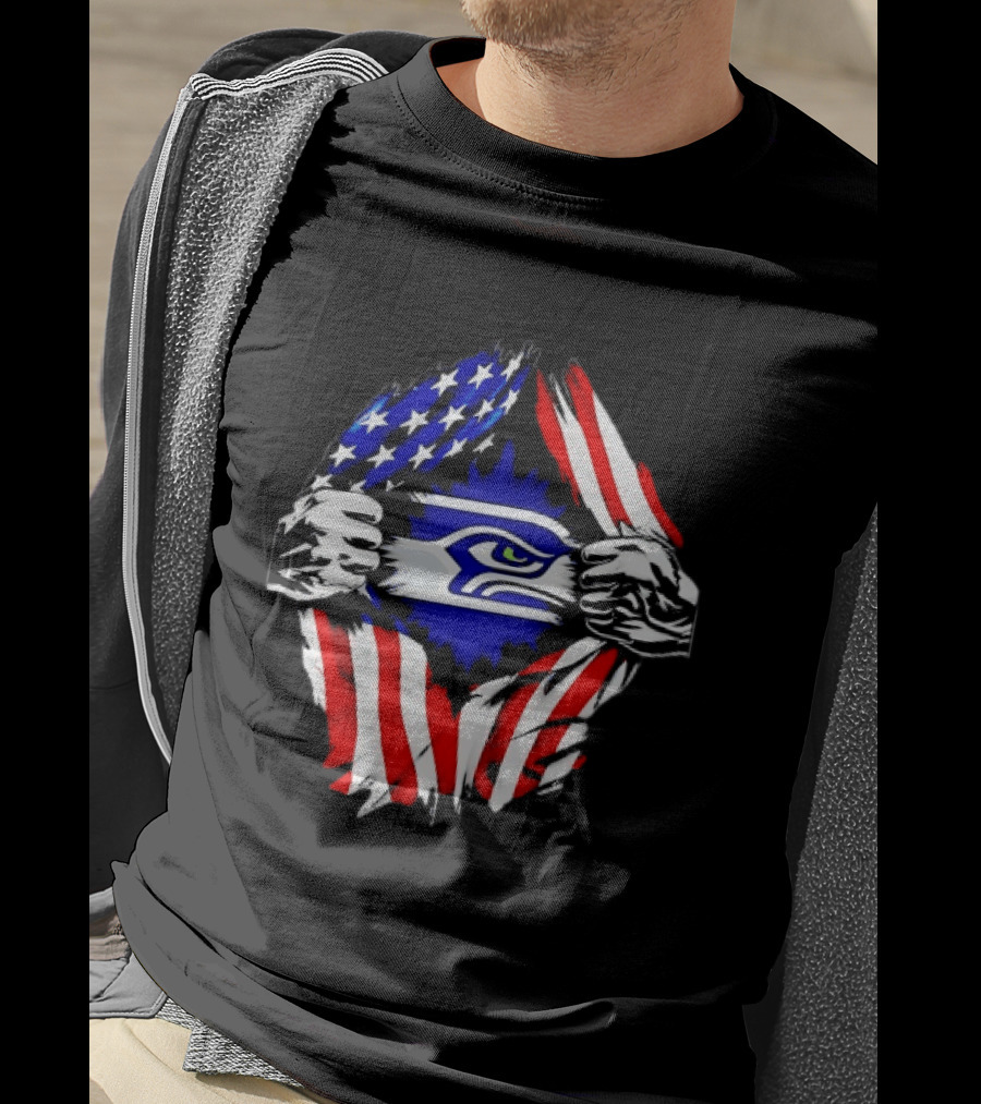 Seattle Seahawks American Flag Ripped Chest USA Fan Gear T-Shirt