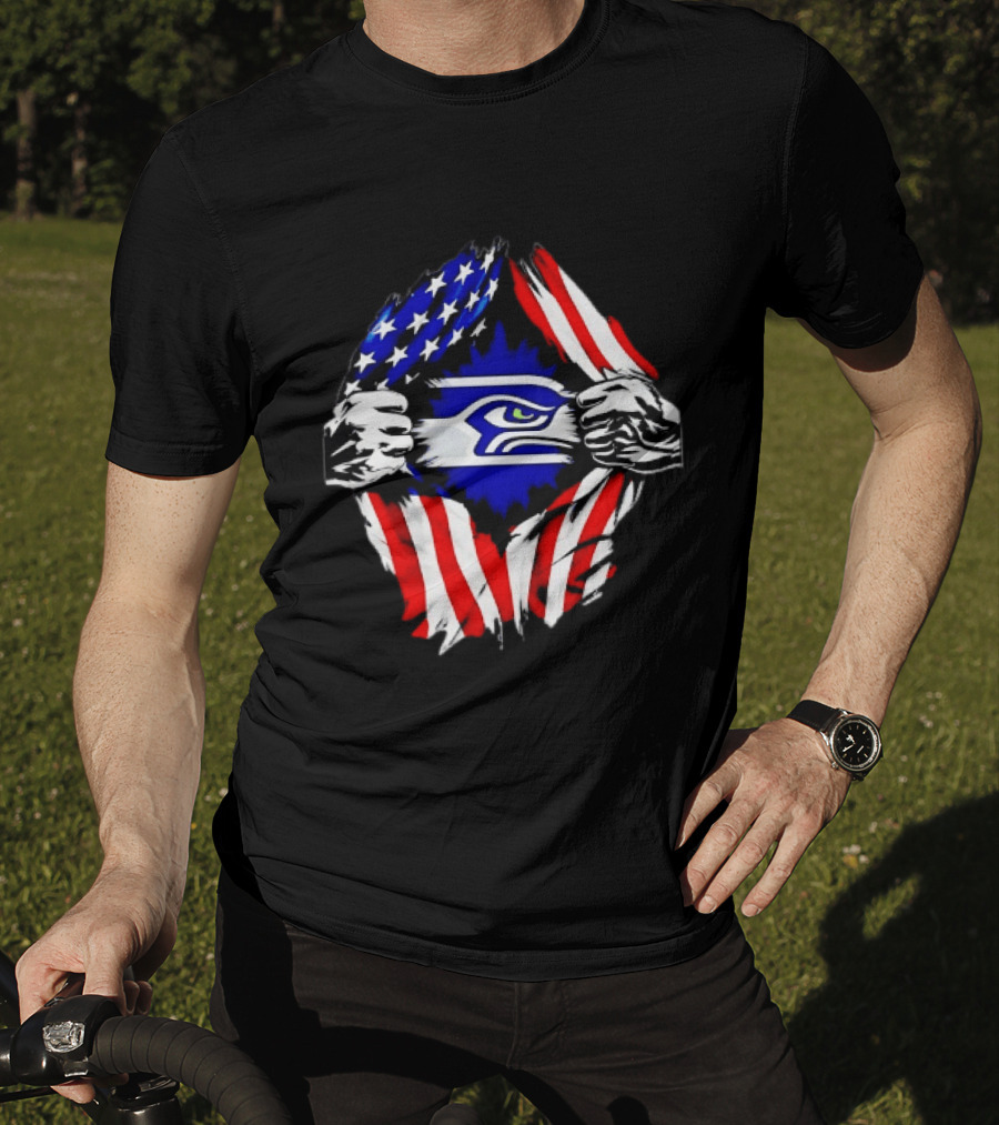 Seattle Seahawks American Flag Ripped Chest USA Fan Gear T-Shirt