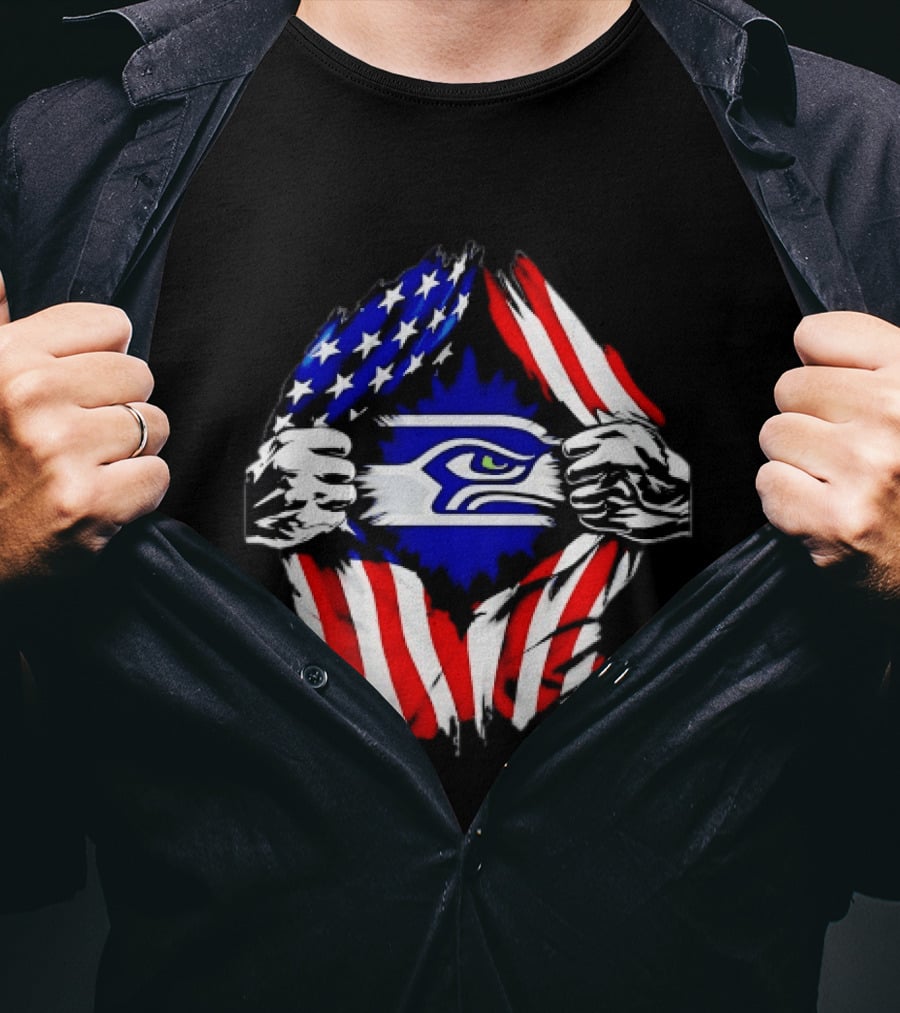 Seattle Seahawks American Flag Ripped Chest USA Fan Gear T-Shirt