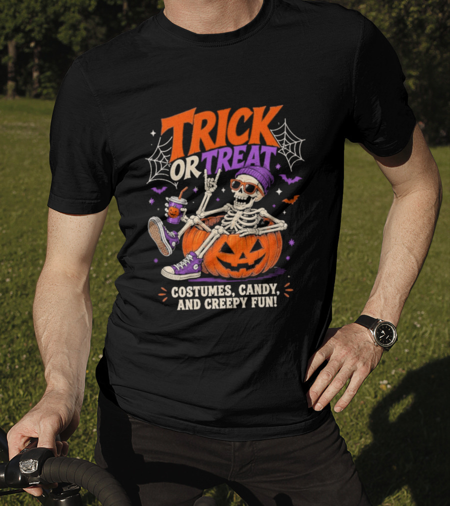 Skeleton Trick Or Treat Costumes Candy And Creepy Fun Halloween Party T-Shirt