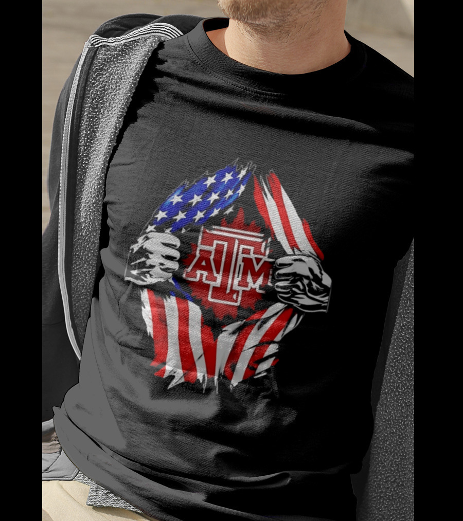 Texas A And M University Ripped Chest American Flag T-Shirt