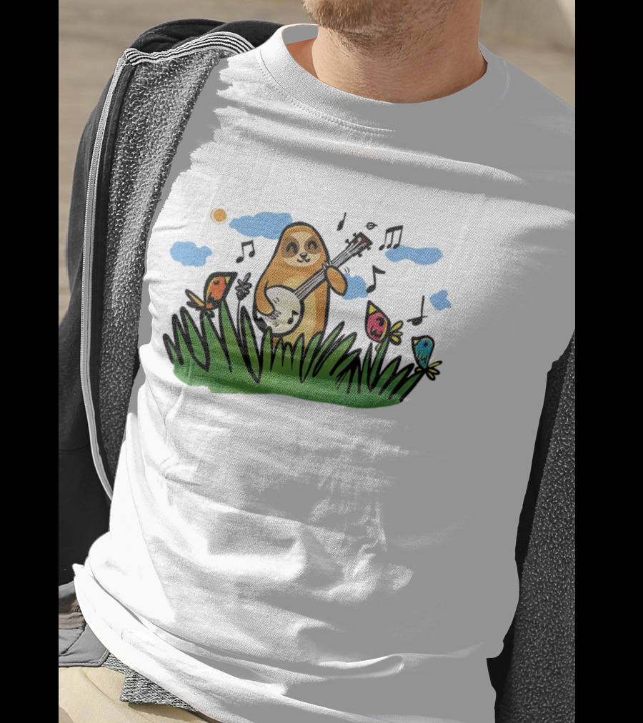 Sloth Happy Playing The Banjo With Singing Birds T-Shirt